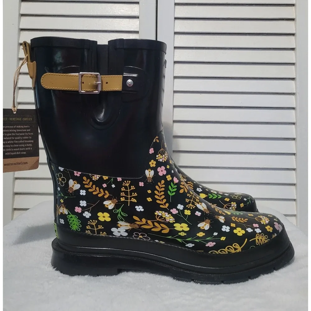 Western Chief Sweet Bees Rain Boots Women's Size 9 Ajustable Buckles Waterproof